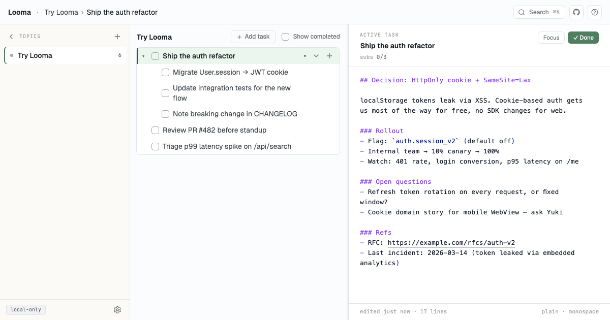 Looma showing a nested task outline alongside a notes panel